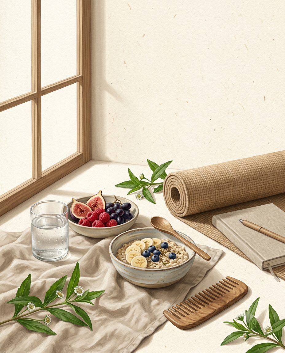 Peaceful flat-lay scene with glass of water, healthy meal, fresh fruits, yoga mat, book, comb, and fresh Bhringraj leaves bathed in morning sunlight