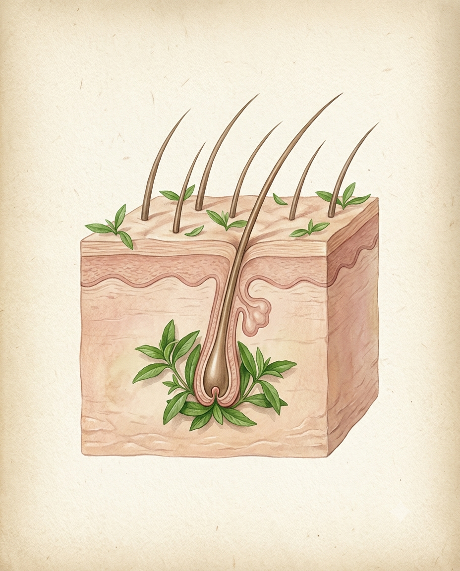 Anatomical botanical illustration of hair follicle layers and scalp structure under soft morning light