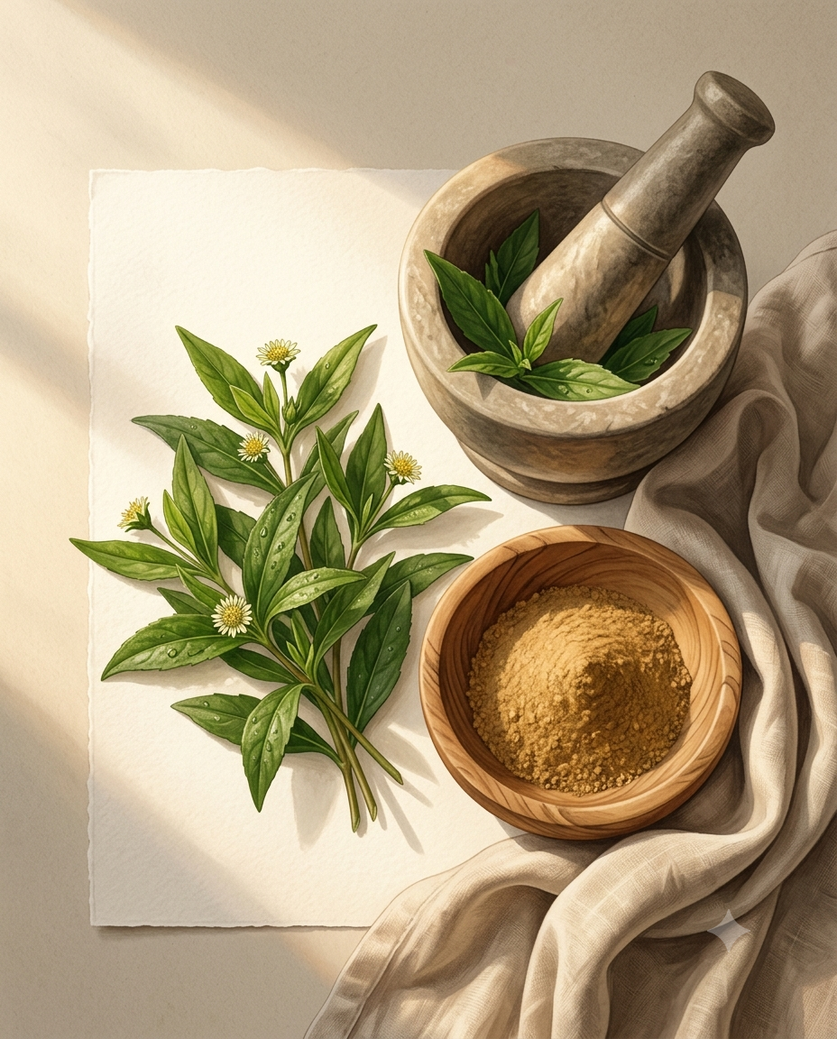 Botanical illustration of fresh Bhringraj plant, wooden bowl, traditional stone grinder, and herbal powder in morning light